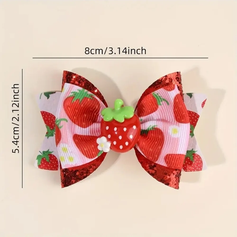 Girl’s Strawberry Hair Bow Clip Cute Red Glitter Fruit Accessory‎ 2 Piece